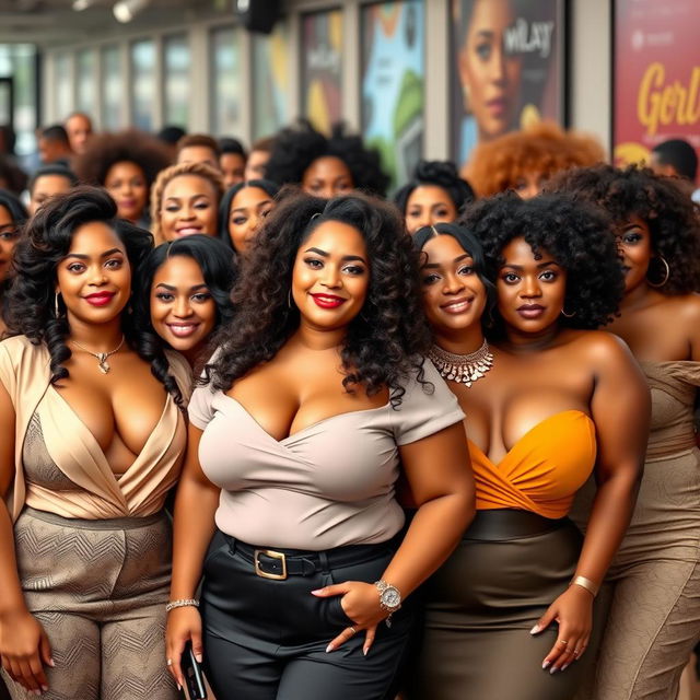 A diverse group of curvy and beautiful women with large busts, each dressed in fashionable and elegant clothing that highlights their figures