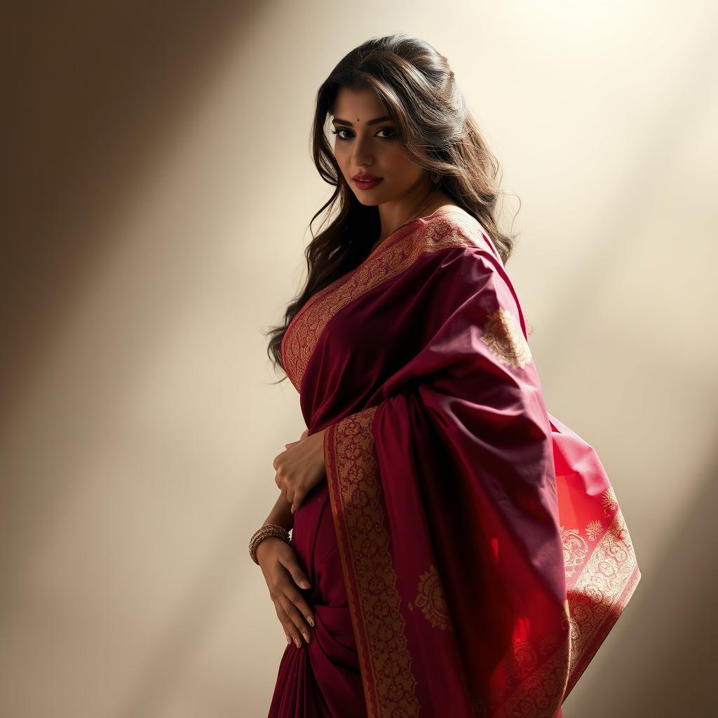 a captivating and alluring woman showcasing confidence and elegance, wearing a traditional saree draped artistically, highlighting her curves