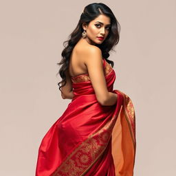 a captivating and alluring woman showcasing confidence and elegance, wearing a traditional saree draped artistically, highlighting her curves