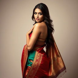 a captivating and alluring woman showcasing confidence and elegance, wearing a traditional saree draped artistically, highlighting her curves