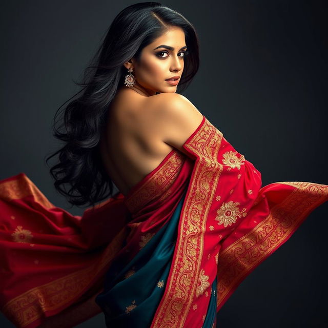 a captivating and alluring woman showcasing confidence and elegance, wearing a traditional saree draped artistically, highlighting her curves