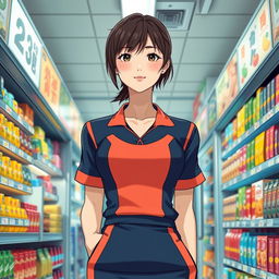 A contemporary and artistic reinterpretation of the character 'Convenience Store Woman' from the novel by Sayaka Murata