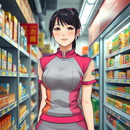 A contemporary and artistic reinterpretation of the character 'Convenience Store Woman' from the novel by Sayaka Murata