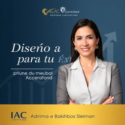 A distinguished and professional promotional design for "Diseño a Medida para tu Éxito: Acuerdo de Coaching" featuring IAC Certified Coach Adriana Bakhos Sleiman