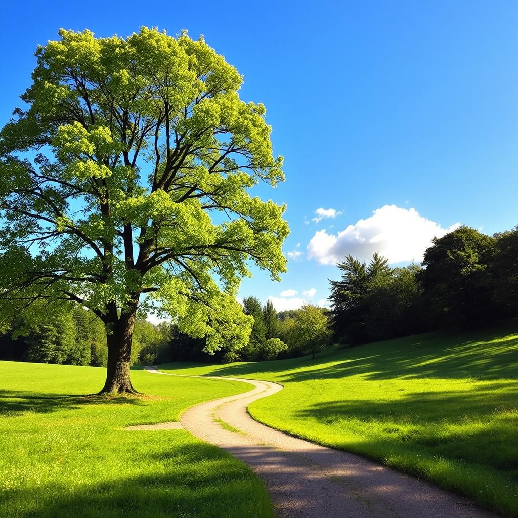 A peaceful and scenic landscape featuring a majestic tree and a winding path