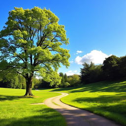 A peaceful and scenic landscape featuring a majestic tree and a winding path