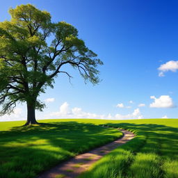 A peaceful and scenic landscape featuring a majestic tree and a winding path