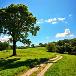 A peaceful and scenic landscape featuring a majestic tree and a winding path