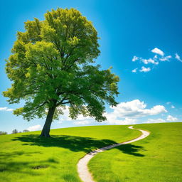 A peaceful and scenic landscape featuring a majestic tree and a winding path