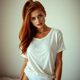 A stunning redhead woman with vibrant green eyes, her long hair elegantly styled in a ponytail