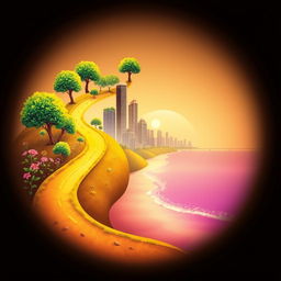 A symbolic representation of the "route of life", depicting a winding path through various landscapes