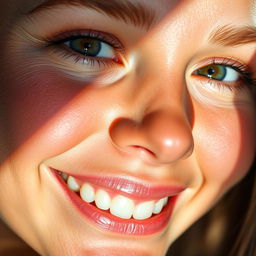 A captivating close-up of a person's face with intricate details, showcasing a warm smile and sparkling eyes, highlighting the smooth skin texture and vibrant expressions