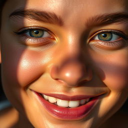 A captivating close-up of a person's face with intricate details, showcasing a warm smile and sparkling eyes, highlighting the smooth skin texture and vibrant expressions