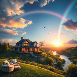 A dreamy landscape symbolizing success, with a vibrant sunrise illuminating the sky, representing a new beginning