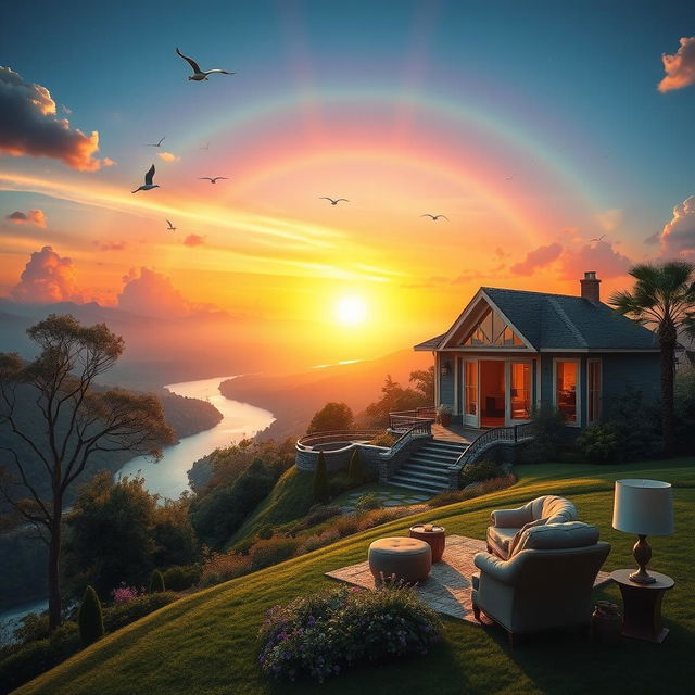 A dreamy landscape symbolizing success, with a vibrant sunrise illuminating the sky, representing a new beginning