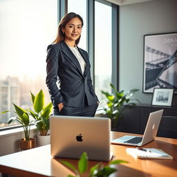 A successful business executive woman standing confidently in a modern office with a large window overlooking a vibrant city skyline