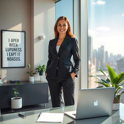 A successful business executive woman standing confidently in a modern office with a large window overlooking a vibrant city skyline