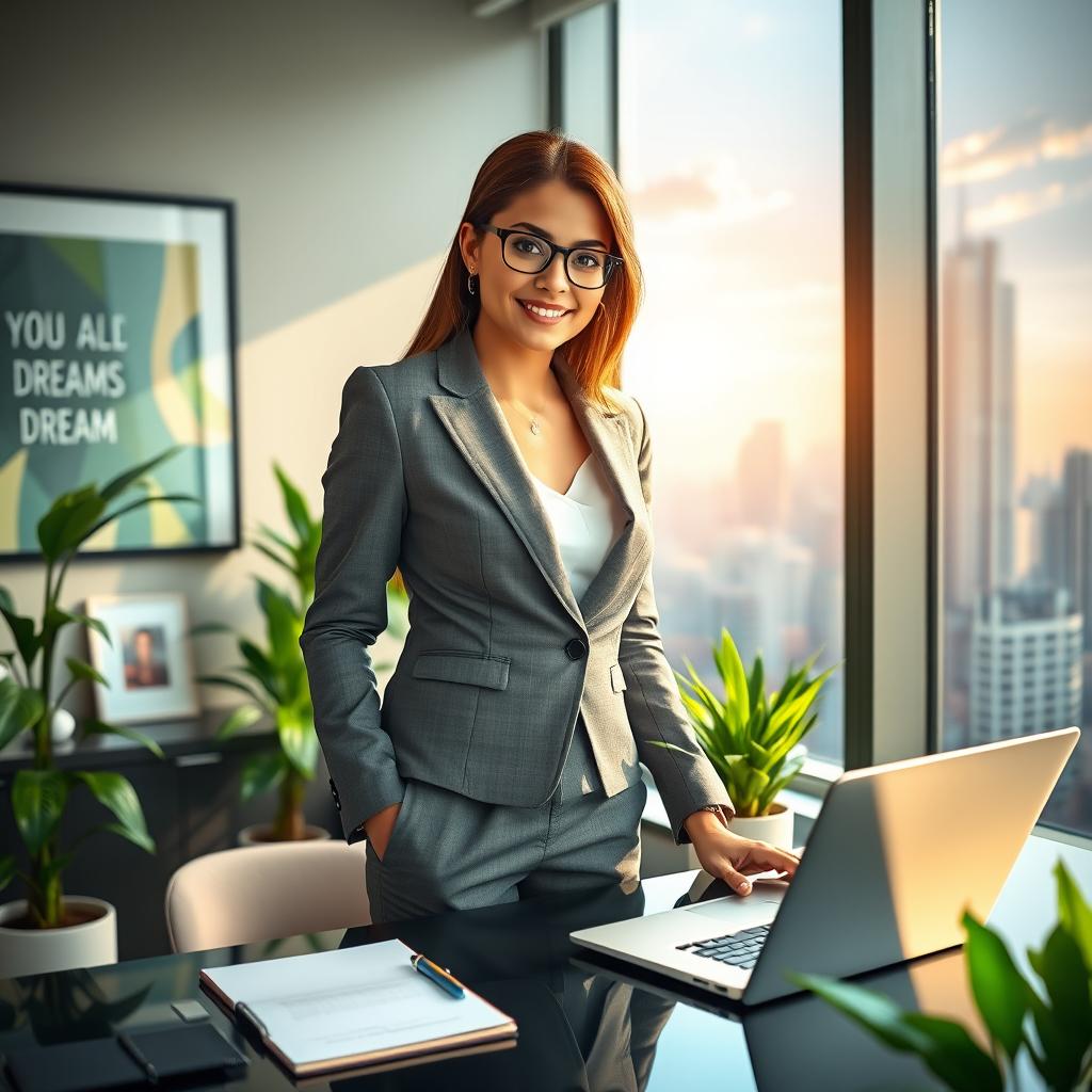 A successful business executive woman standing confidently in a modern office with a large window overlooking a vibrant city skyline