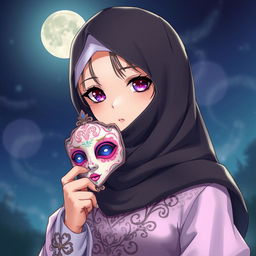 A stylish and mysterious girl wearing a niqab, depicted in a captivating anime style