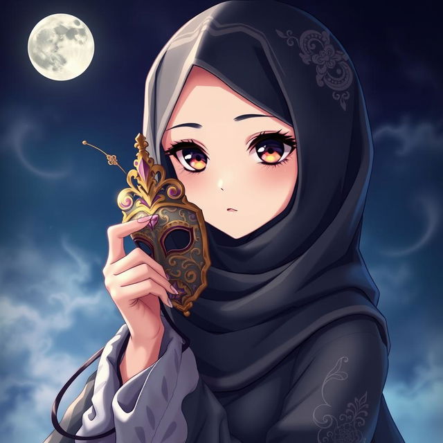 A stylish and mysterious girl wearing a niqab, depicted in a captivating anime style