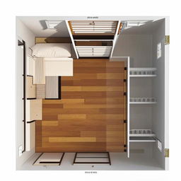 Generate an optimized interior design for a 12x12 bedroom with minimal storage, focusing on a favorable position for an iron almirah, while eliminating the need for a trunk.