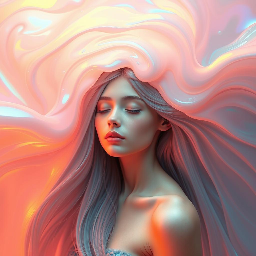 A girl with long, flowing hair enveloped in an abstract swirl of glossy, iridescent fluid that reflects an array of pastel colors