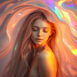 A girl with long, flowing hair enveloped in an abstract swirl of glossy, iridescent fluid that reflects an array of pastel colors