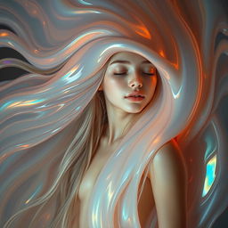 A girl with long, flowing hair enveloped in an abstract swirl of glossy, iridescent fluid that reflects an array of pastel colors