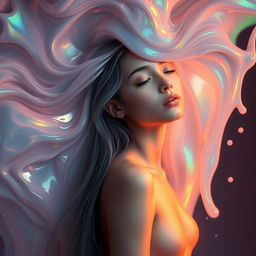 A girl with long, flowing hair enveloped in an abstract swirl of glossy, iridescent fluid that reflects an array of pastel colors