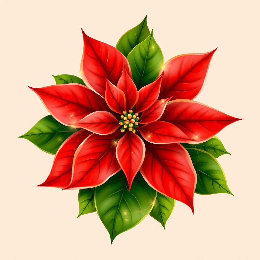 An elegant illustration of a beautifully adorned Christmas poinsettia, emphasizing its bright red petals and lush green leaves with clearly defined contours