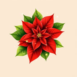 An elegant illustration of a beautifully adorned Christmas poinsettia, emphasizing its bright red petals and lush green leaves with clearly defined contours