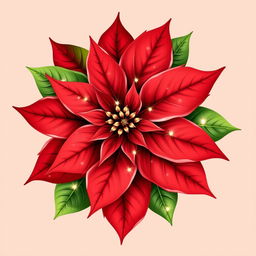 An elegant illustration of a beautifully adorned Christmas poinsettia, emphasizing its bright red petals and lush green leaves with clearly defined contours