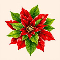 An elegant illustration of a beautifully adorned Christmas poinsettia, emphasizing its bright red petals and lush green leaves with clearly defined contours