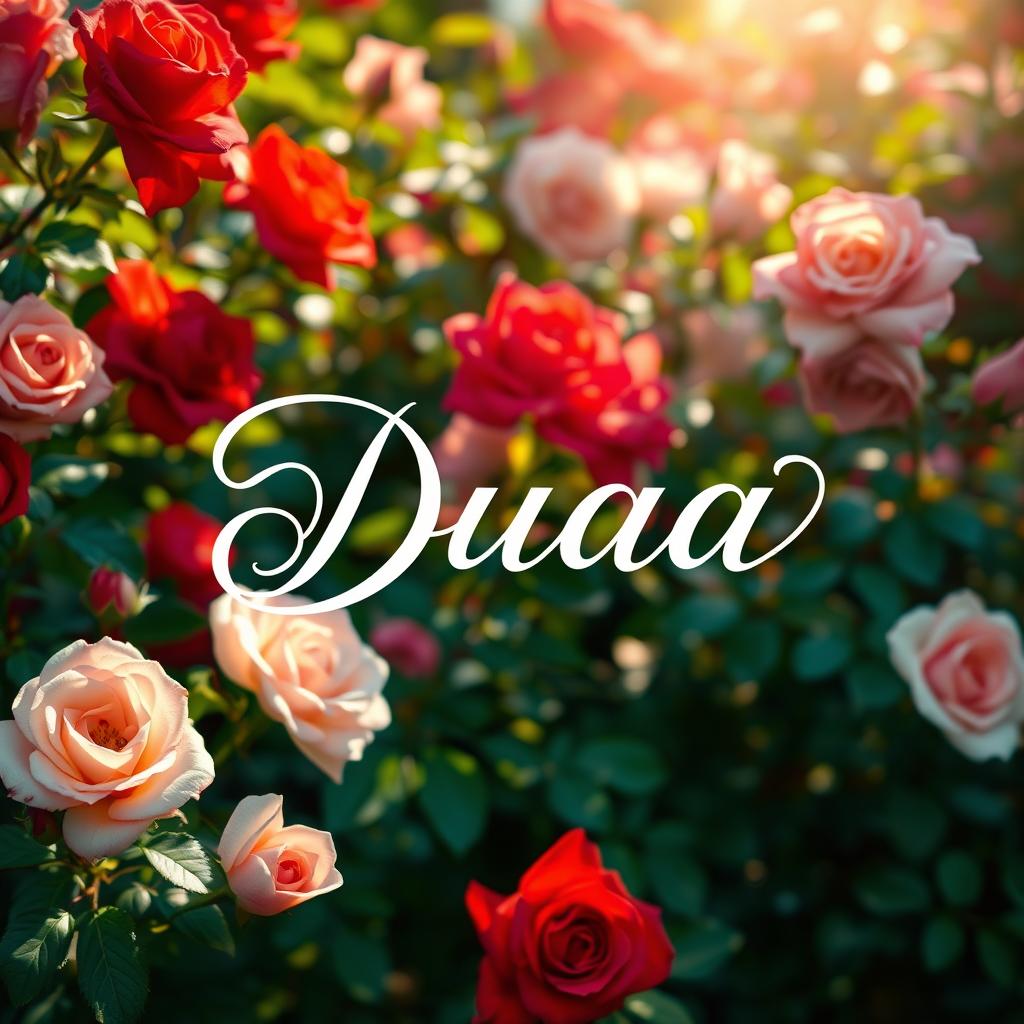 The name 'Duaa' elegantly written in beautiful calligraphy, surrounded by a lush, vibrant rose garden