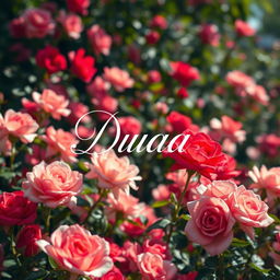 The name 'Duaa' elegantly written in beautiful calligraphy, surrounded by a lush, vibrant rose garden