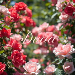 The name 'Duaa' elegantly written in beautiful calligraphy, surrounded by a lush, vibrant rose garden