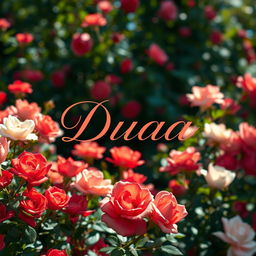 The name 'Duaa' elegantly written in beautiful calligraphy, surrounded by a lush, vibrant rose garden