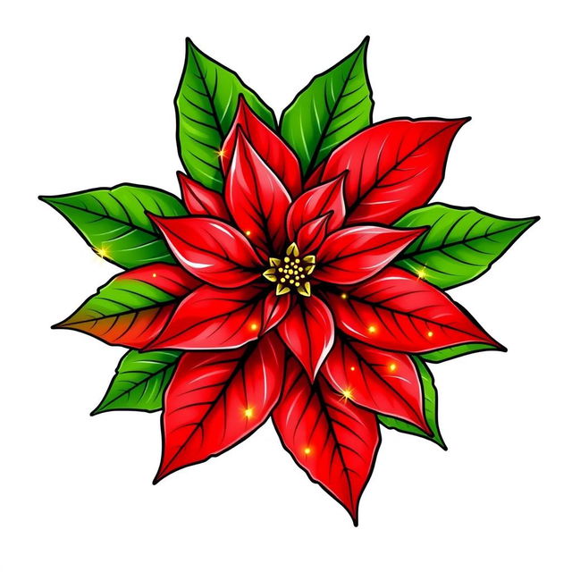 An elegant illustration of a beautifully adorned Christmas poinsettia, vividly showcasing its bright red petals and lush green leaves