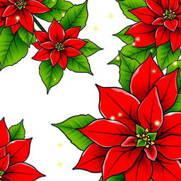 An elegant illustration of a beautifully adorned Christmas poinsettia, vividly showcasing its bright red petals and lush green leaves