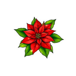 An elegant illustration of a beautifully adorned Christmas poinsettia, vividly showcasing its bright red petals and lush green leaves