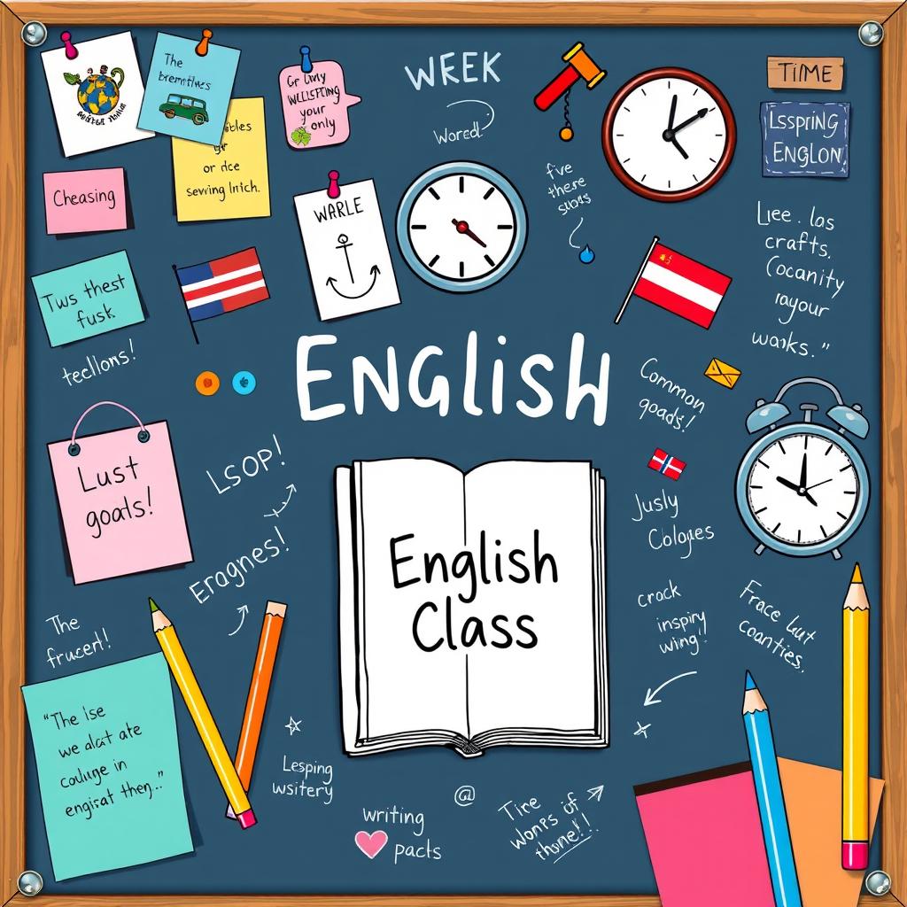 A vibrant and colorful illustration of a cheerful English classroom pinboard