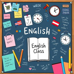 A vibrant and colorful illustration of a cheerful English classroom pinboard