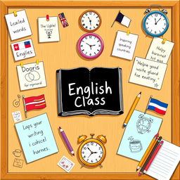 A vibrant and colorful illustration of a cheerful English classroom pinboard