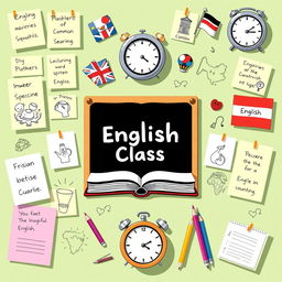 A vibrant and colorful illustration of a cheerful English classroom pinboard