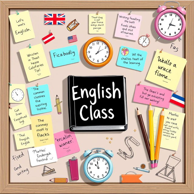 A vibrant and colorful illustration of a cheerful English classroom pinboard