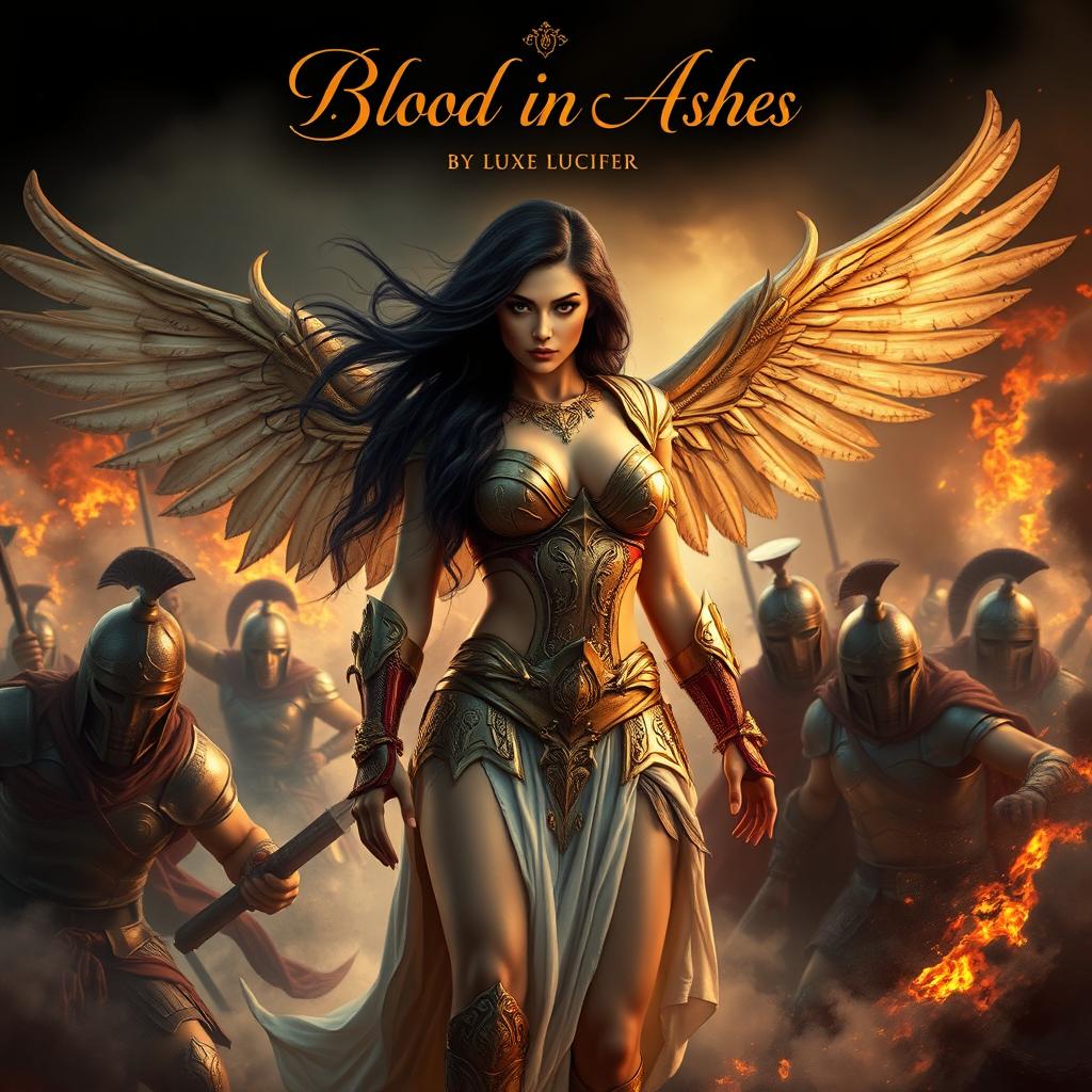 A powerful and sexy Roman demoness stands amidst the chaos, swirling clouds of ash and embers creating a dramatic backdrop as she takes on Roman soldiers