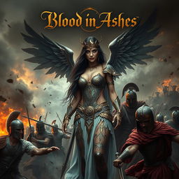 A powerful and sexy Roman demoness stands amidst the chaos, swirling clouds of ash and embers creating a dramatic backdrop as she takes on Roman soldiers