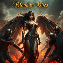 A powerful and sexy Roman demoness stands amidst the chaos, swirling clouds of ash and embers creating a dramatic backdrop as she takes on Roman soldiers