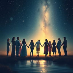 In a serene, mystical setting, a gathering of diverse individuals stands in a circle holding hands, symbolizing unity and healing