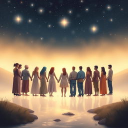 In a serene, mystical setting, a gathering of diverse individuals stands in a circle holding hands, symbolizing unity and healing